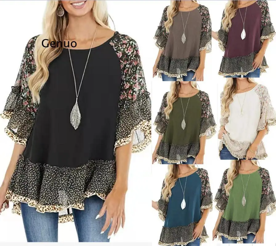 

Casual Fashion Printed Lace Patchwork Leopard T-shirt Spring Summer 2022 New Half Flare Sleeve O-neck Loose Top Women's Clothing