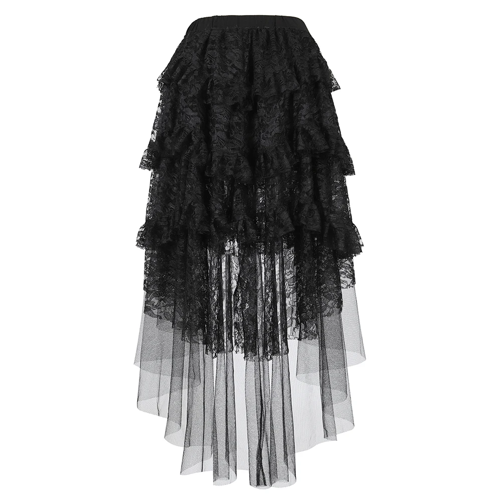 

Sexy Black Lace Skirt for Women Layered Pleated Skirt Steampunk Asymmetrical High Low Ruffle Tulle Long Skirts Plus Size XS-6XL
