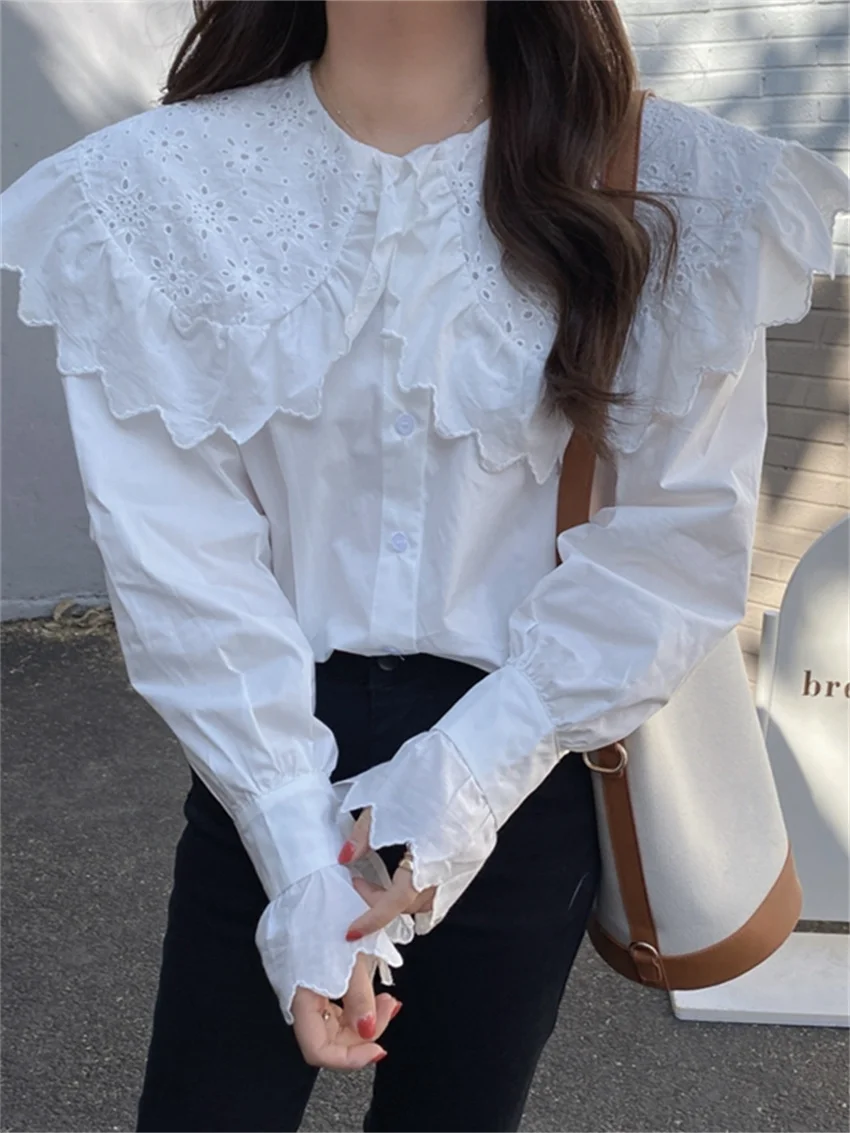 

Alien Kitty Hollow Out Embroidery White Shirt Women Blouses 2022 New Korean Style Ruffled Doll Collar Top Blusas Mujer De Moda
