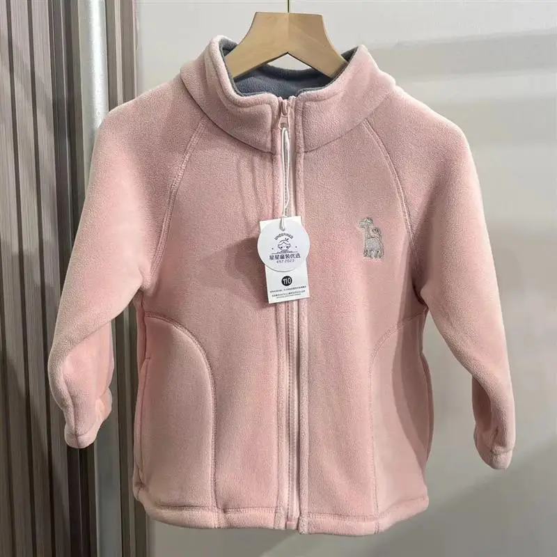 

Демисезонная верхняя одежда в Корейском стиле для маленьких девочек, розовые меховые пальто на молнии с животным принтом и карманами, кардиганы для малышей