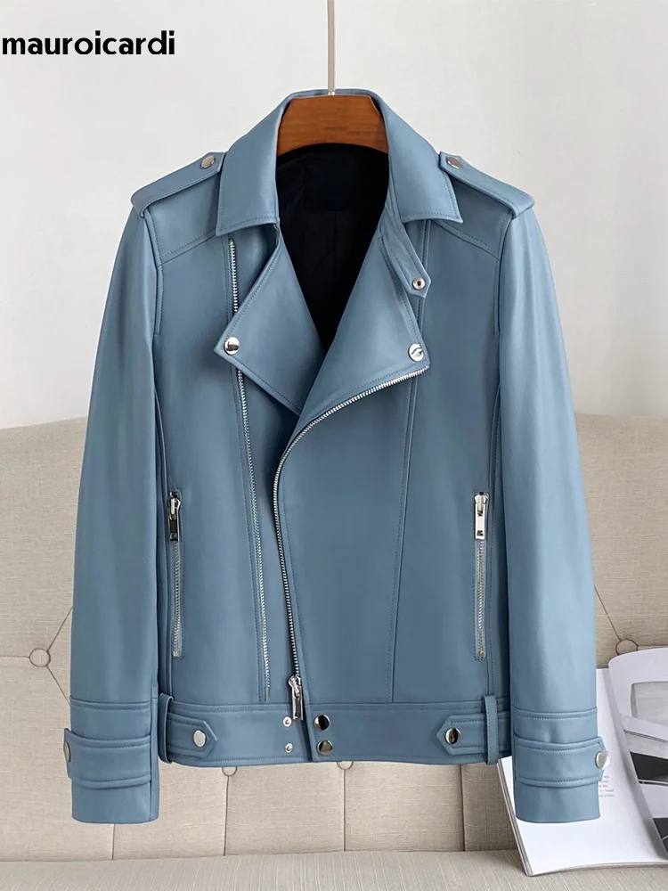 

Mauroicardi Spring Autumn Short Blue Black Pu Leather Motorcycle Biker Jacket Men Long Sleeve Zipper Plus Size Outerwear 4xl 5xl