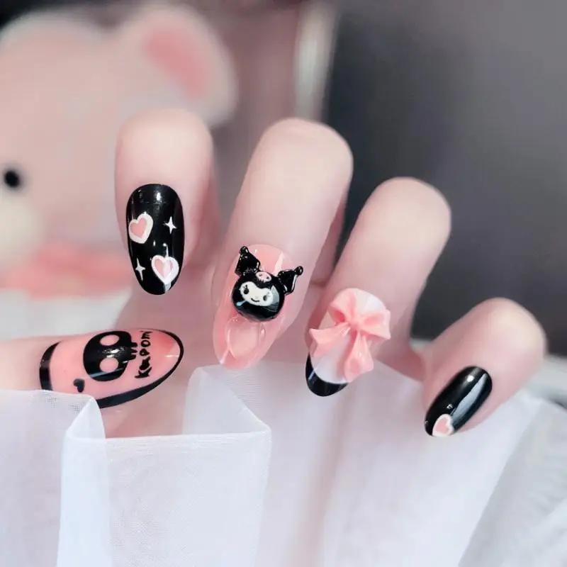 

24PCS Sanrio Kawaii Kuromi Cartoon Nail Enhancement Cute Anime Y2K Girls Wearing Nail Removable Nail Accessories