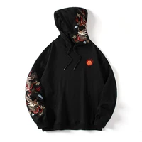 black japanese streetwear fire dragon embroidered graphic hoodie men clothes