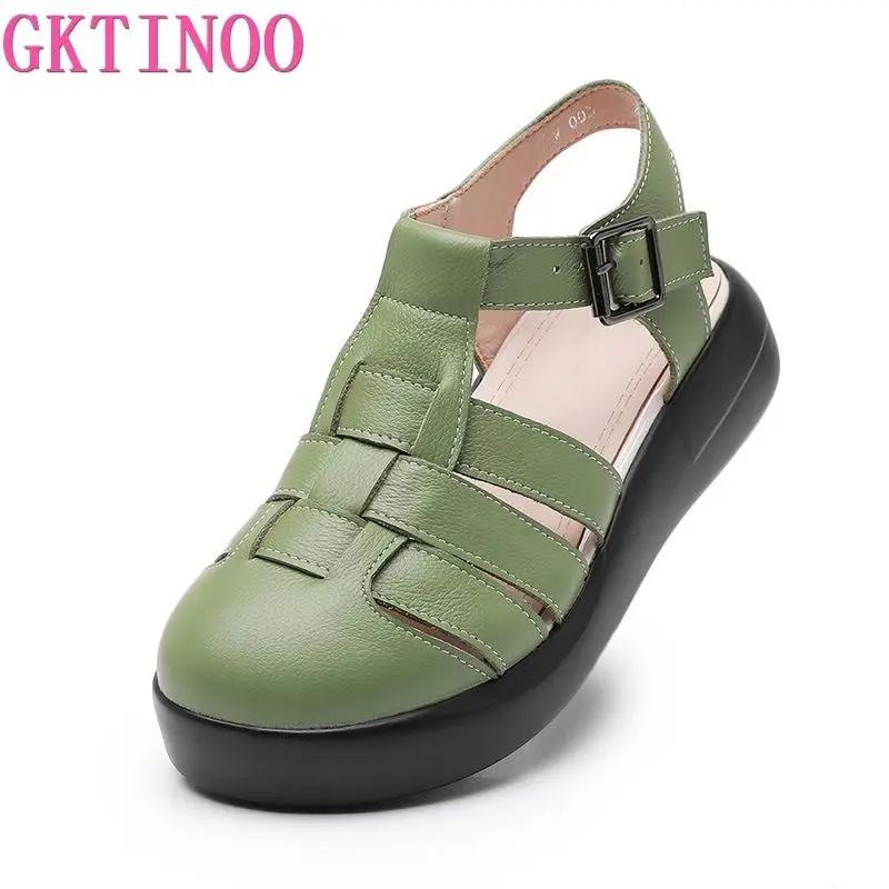 

GKTINOO Women Sandals Platform 2022 Summer New Weave Genuine Leather Women Sandals Roman Beach Gladiator Sandals Shoes Ladies