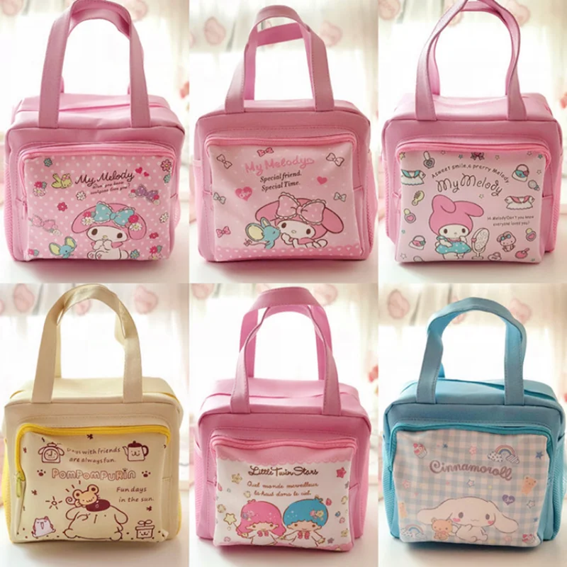 

Kawaii Sanrioed Kuromi My Melody Cinnamoroll, милый мультяшный большой водонепроницаемый Ланч-бокс из ПУ кожи, сумка, сумка на молнии, подарок для девушки с серд...