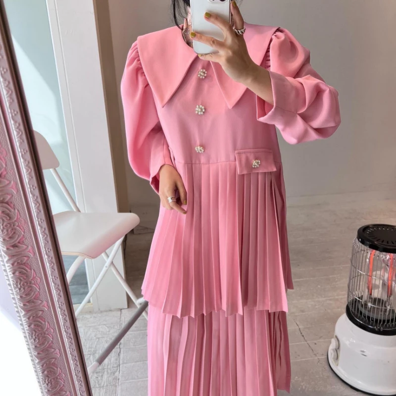 

Lapel Flowers Dress Buttons Decoration Women Pink Elegant Robe Puff Sleeve Clothing Double Layers Pleated Gothic Spring 2022