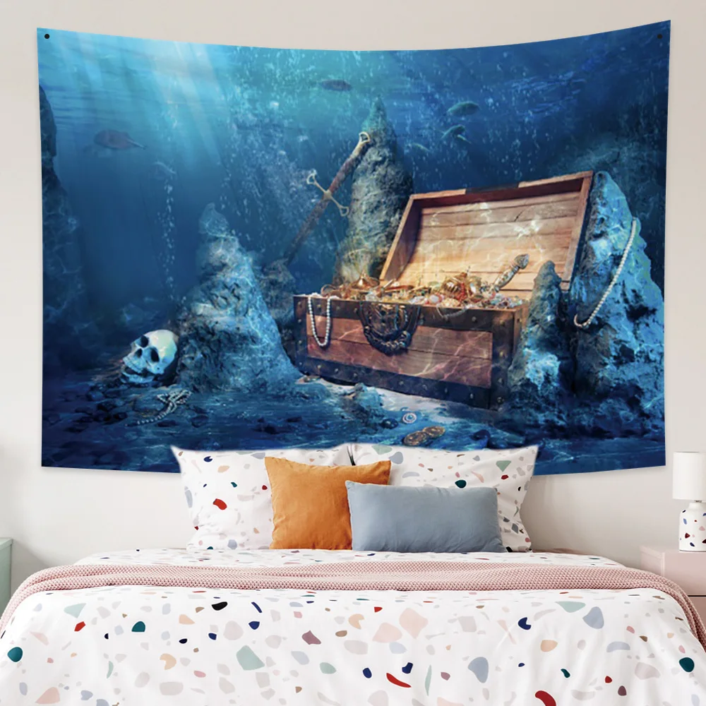 

Underwater Seabed World Treasure Tapestry Skeleton Skull Marine Life Fish Wall Hanging Print Blanket Room Home Decor Wall Carpet