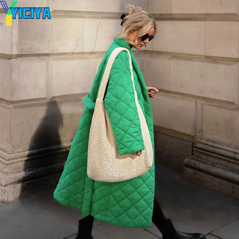 YICIYA Long Straight Winter Jacket Women Coat With Rhombus Pattern Casual Sashes Women Parkas Streetwear Oversize Cotton Outwear