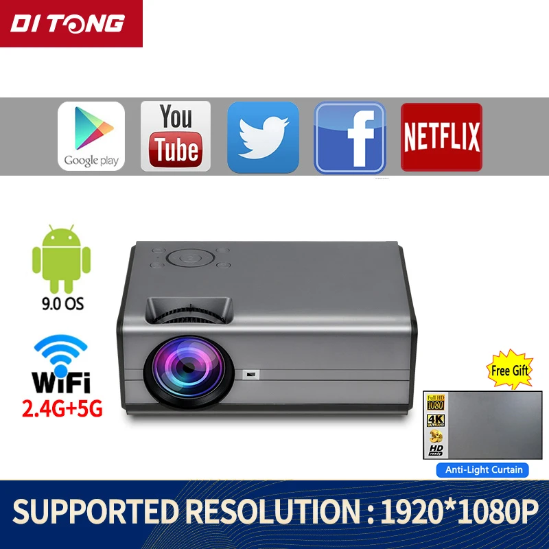 Проектор глобальная версия Ditong 1080P мини-светодиодный портативный Wi-Fi Full HD Android 4K