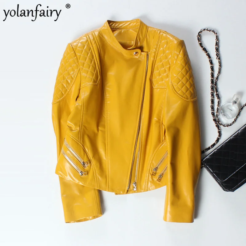 

Женская короткая мотоциклетная куртка из натуральной овечьей кожи, весна 2023