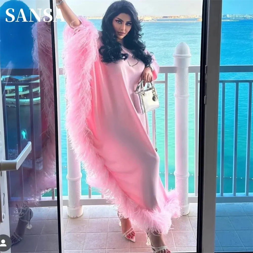 

Sansa Luxury Robe Taffeta فساتين سهره فاخره Light Pink 2023 فساتين للحفلات الراقصة Ostrich Hair Tail Cape Prom Dress