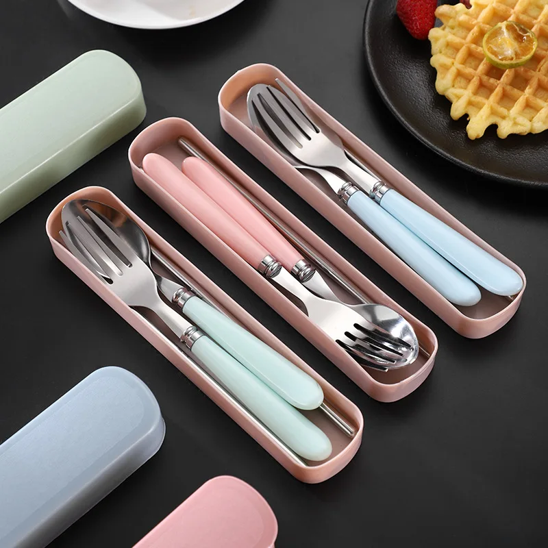 Stainless Steel Portable Tableware Spoon and Fork Three-piece Set Children's Student Travel Storage Box Fork Single Gift Set