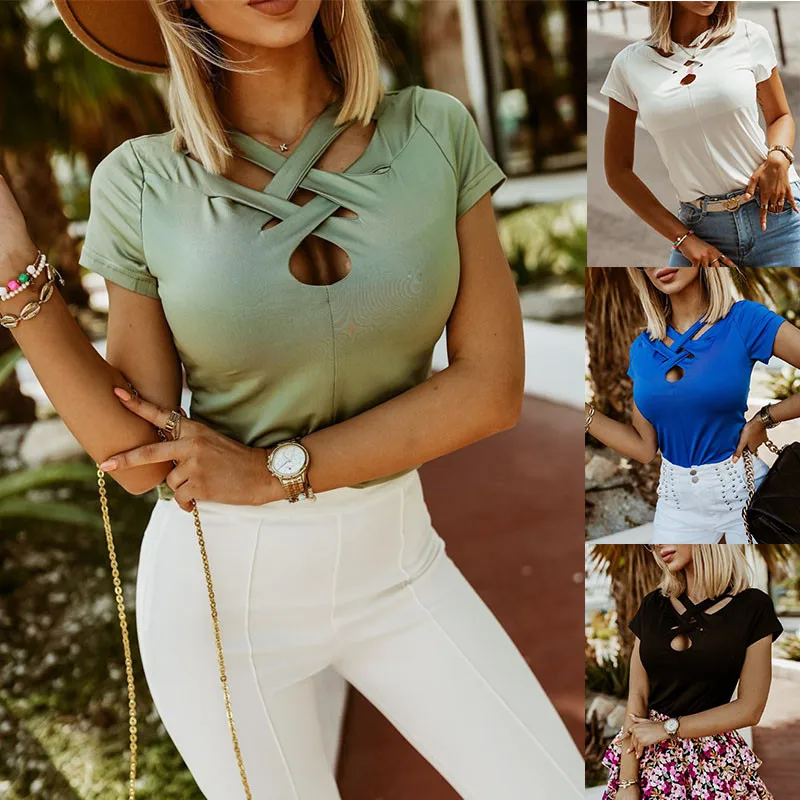 

Casual Fashion Sexy Cross Hollow Out Solid T-shirts Spring Summer 2022 Streetwear Short Sleeve V-Neck Slim Tops Women's Clothing