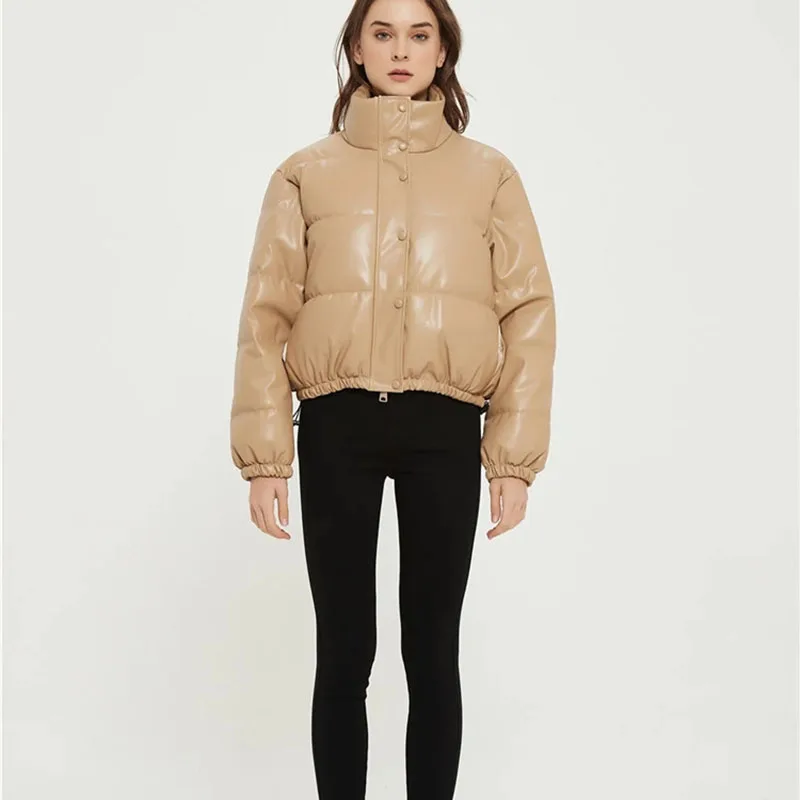 Winter Jacket Women Fashion Casual Solid Color Simple Imitation Leather Cotton Clothing Women's Winter Stand Collar Jacket Coat