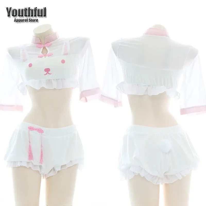 

Japanese Anime Sexy Lingerie For Women Cheongsam Cosplay Exotic Costumes Rabbit Top Pants Set