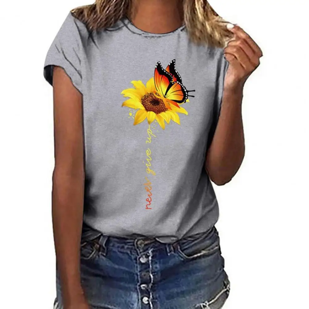 

Женская футболка с коротким рукавом, круглым вырезом и принтом подсолнухов