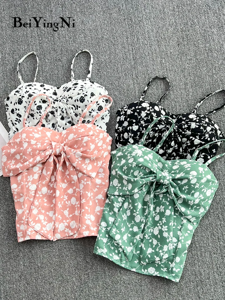 

Стильная летняя майка Beiyingni с цветочным принтом, нагрудная Подушка, женские блузки с бантом, кавайные топы, женский укороченный топ 2022, для д...