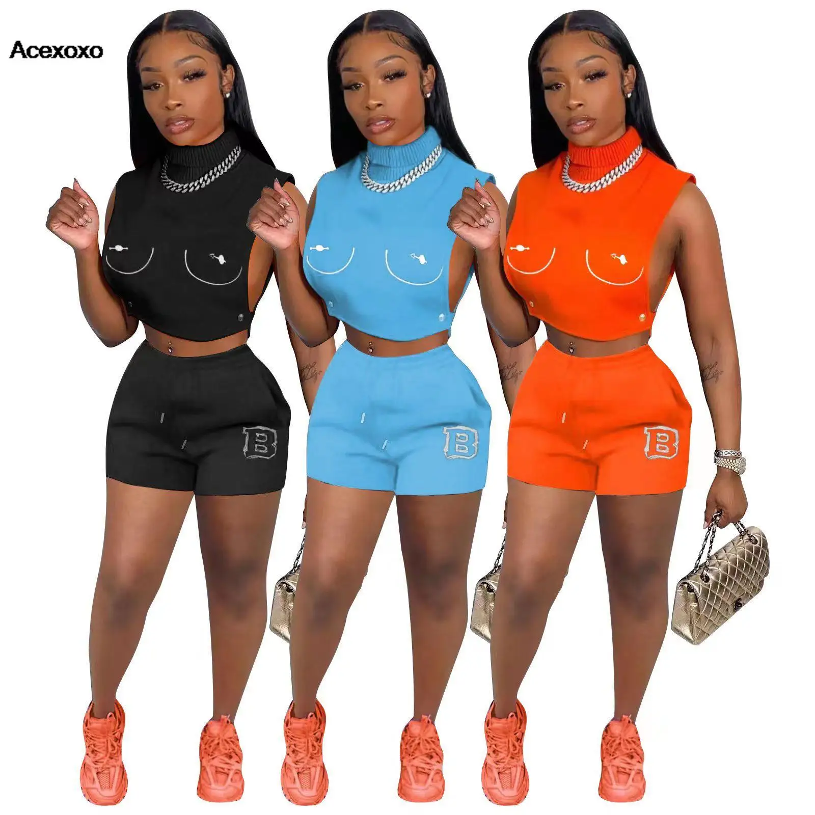 

2023 new summer European sleeveless high-neck letter embroidered button side hollowed out two-piece short-sleeved suit