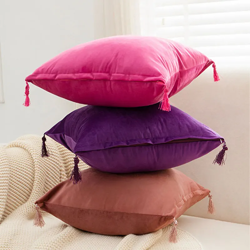 

Однотонная простая голландская флисовая наволочка с кисточками желтая бежевая домашняя декоративная наволочка для подушки 50x50 см наволочк...