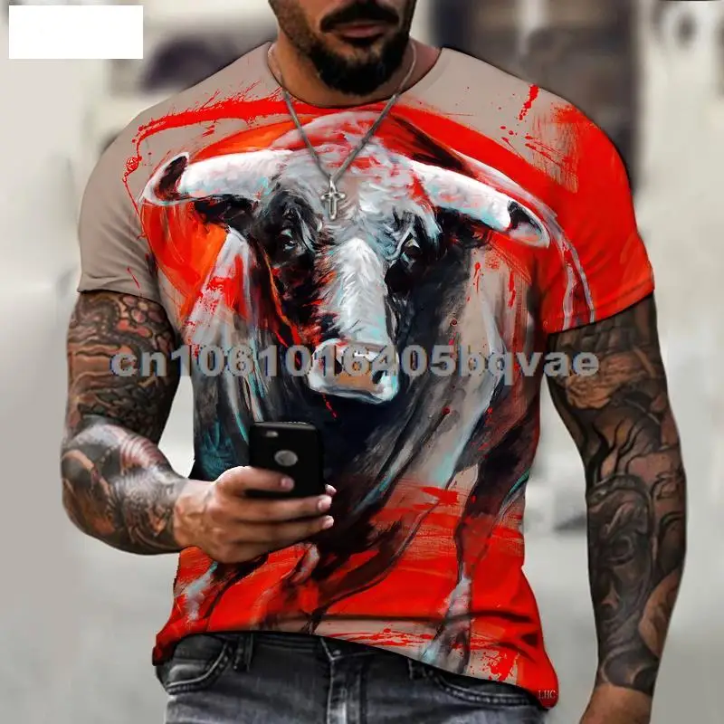 

Мужская футболка с круглым вырезом, свободная и удобная рубашка оверсайз с 3D-принтом бульфайтинга, яка, 2022