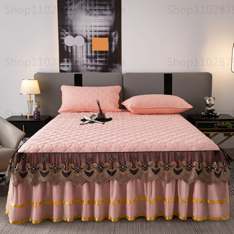 

Elegant Quilted Thickened Bed Skirt Three Pieces Set King Queen Size Bedspread Anti-slip Bed Cover Pure Cotton