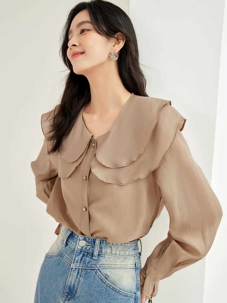 Japan Sweet Doll Neck Artificial silk Shirt High quality brand Lyocell fabric top Fashion ruffled cardigan jacket white black
