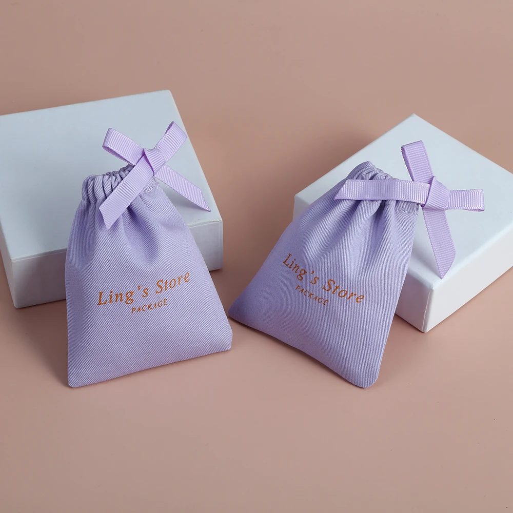 100Pcs Personalized Logo Name Purple Cotton Canvas Jewelry Ring Display Packaging Drawstring Gift Bags Wedding Favors Candy Bag