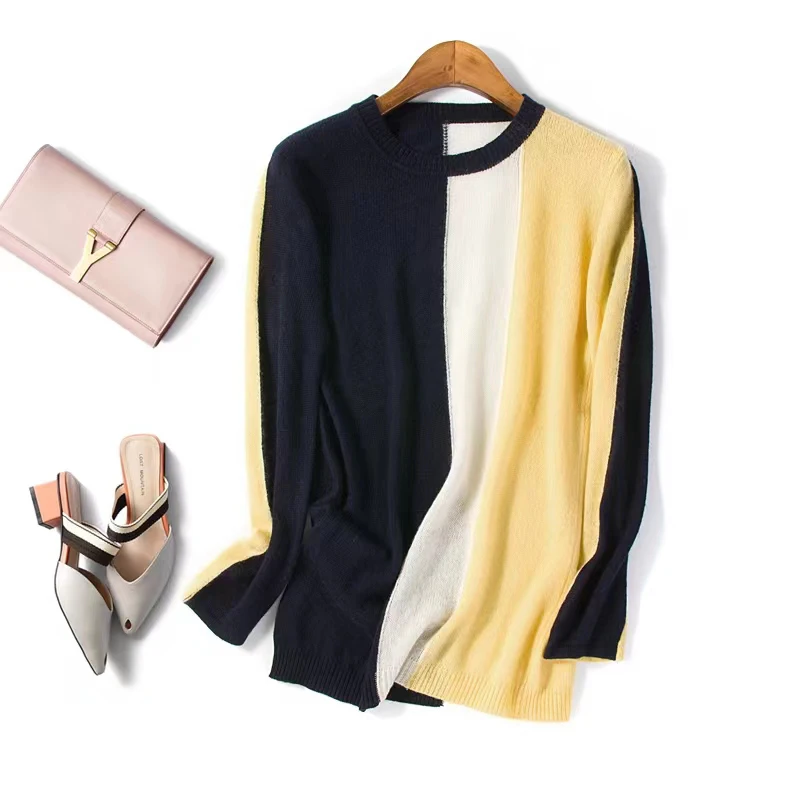 Counter Shopping Mall Withdrawal Clearance Leak-Picking Overplus Order Women clothes Small round Neck Contrast Color Knit Gen...