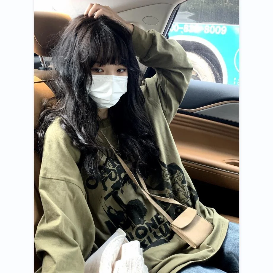 

Autumn Vintage Harajuku Long Sleeve T-Shirt Women's Casual Streetwear Korean Fashion Green Gothic Print Tops T-Shirt Summer
