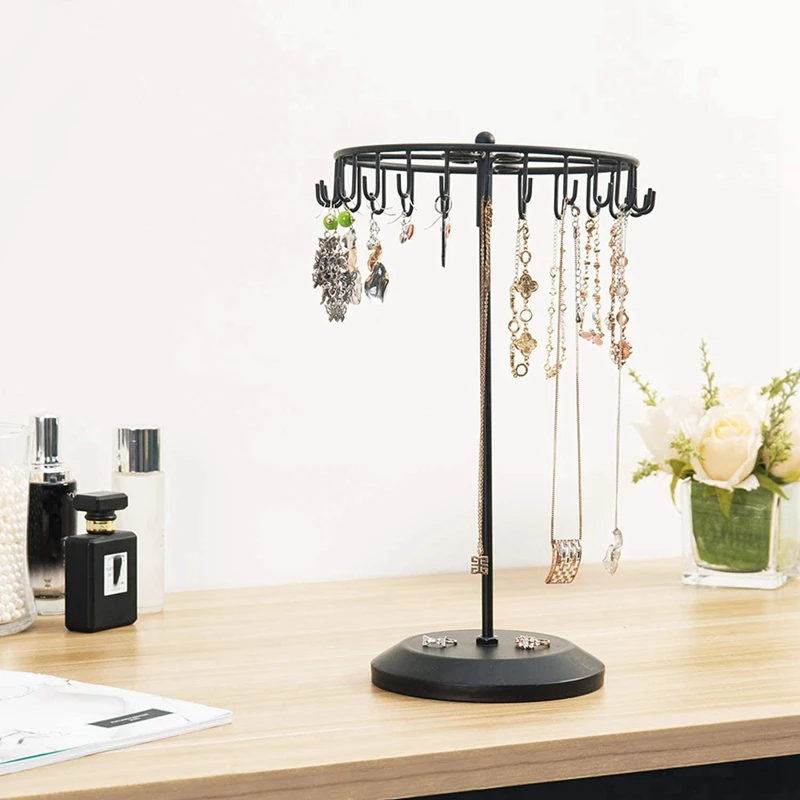 13.3 Inch Black Metal Rotating Jewelry Stand Organizer For Necklaces And Bracelets