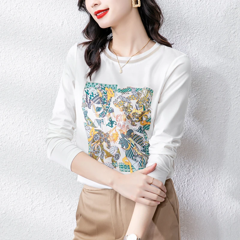 

Summer New Women's T-shirt O-Neck T Shirt Long Sleeve Top Printing Tees Satin Fashion Loose Female Clothes