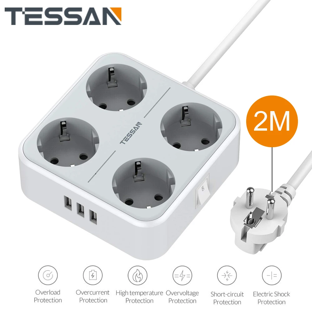 

Сетевой удлинитель TESSAN 7 в 1 с выключателем ВКЛ./ВЫКЛ., 3 USB-порта для зарядки, 4 розетки переменного тока, 2 м/6,5 фута, удлинитель для дома и офиса