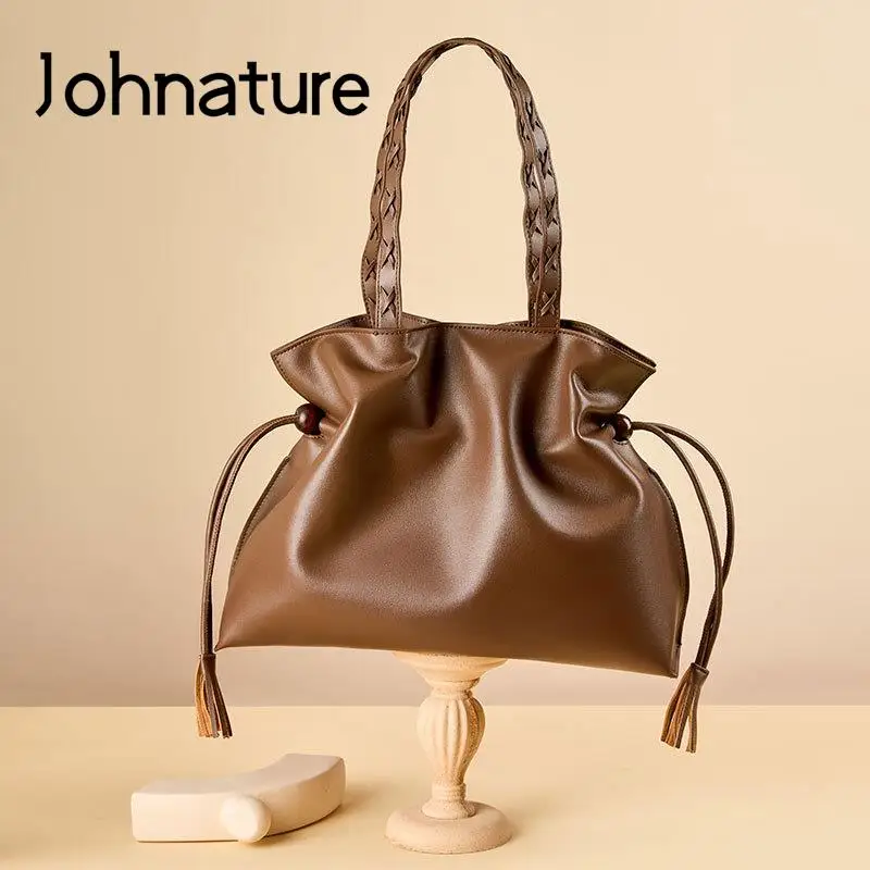 

Женская сумка-тоут на шнурке Johnature, однотонная вместительная кожаная сумка-тоут на завязках, сумка на плечо, 2023