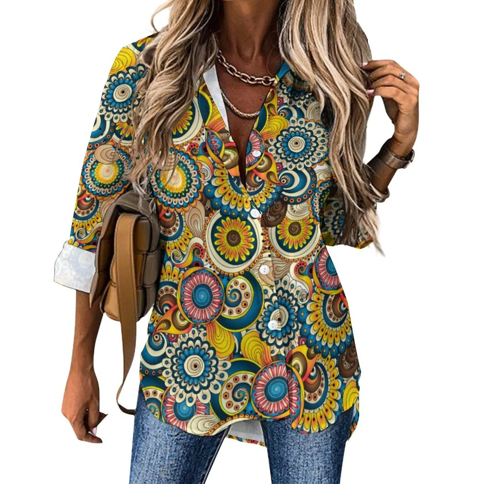 

Multi Sunflower Loose Blouse Abstract Swirl Artsy Casual Oversize Blouses Female Long Sleeve Office Shirts Spring Custom Clothes