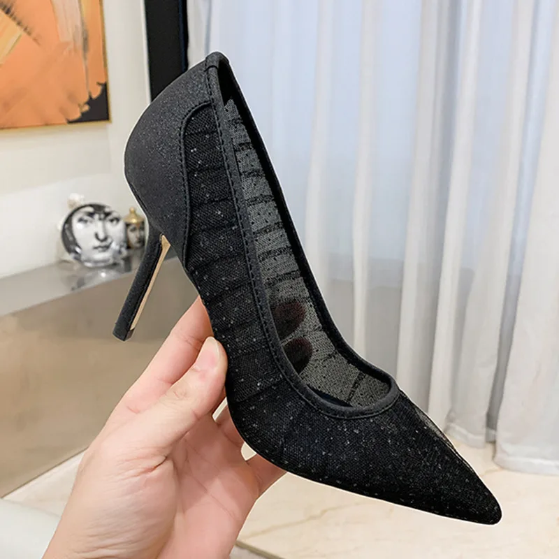 Women's Single Shoes 2023 Summer New Mesh Pointed High Heel Pleated Sexy Banquet Lace Thin Heels Fashion Flat Heels