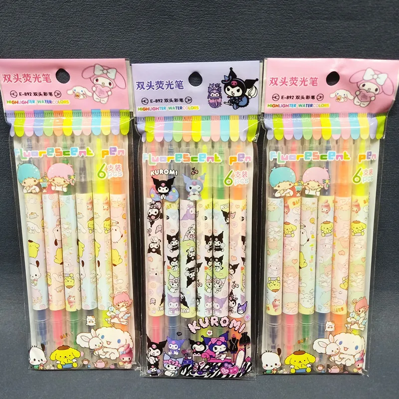 

Sanrio Kuromi Purin Littletwinstars 6-Color Fluorescent Pen Student Double-Headed Graffiti Painting Hand Account Pen Marker Pen