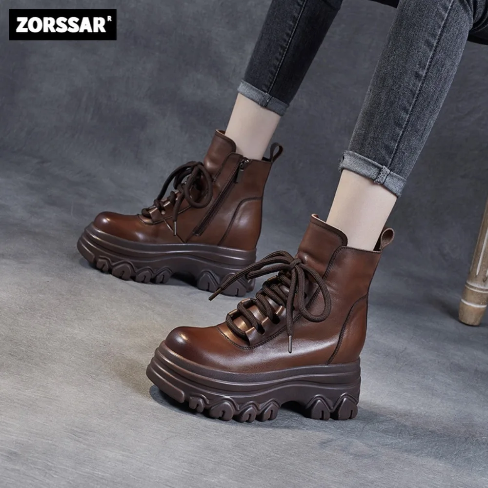 

2023 Autumn Winter New Women's Boots Genuine Leather British Style Retro High Top Casual Shoes Women's Platform Ankle Boots