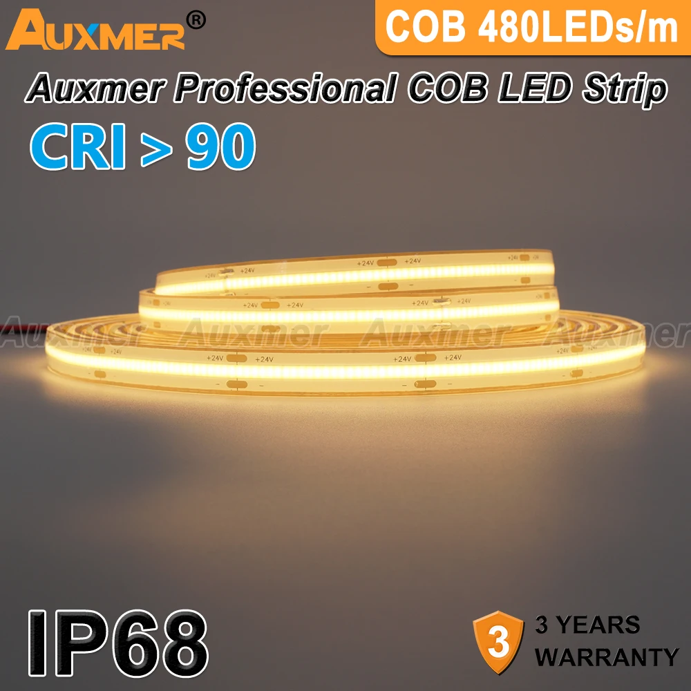 Фото Профессиональные светодиодные ленты COB 480 светодиодов/м DC12/24В CRI90, IP68 водонепроницаемый, Светодиодная лента высокой плотности с регулируемо... №5