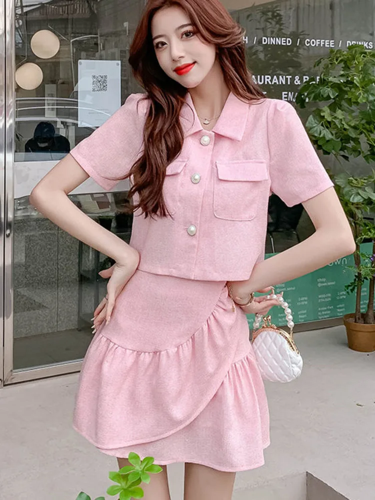 

Small Fragrant Suit Summer Korean Sweet 2 Piece Set Women Puff Sleeve Crop Top + Mermaid Skirts Sets Fashion Casual Skirt Suits