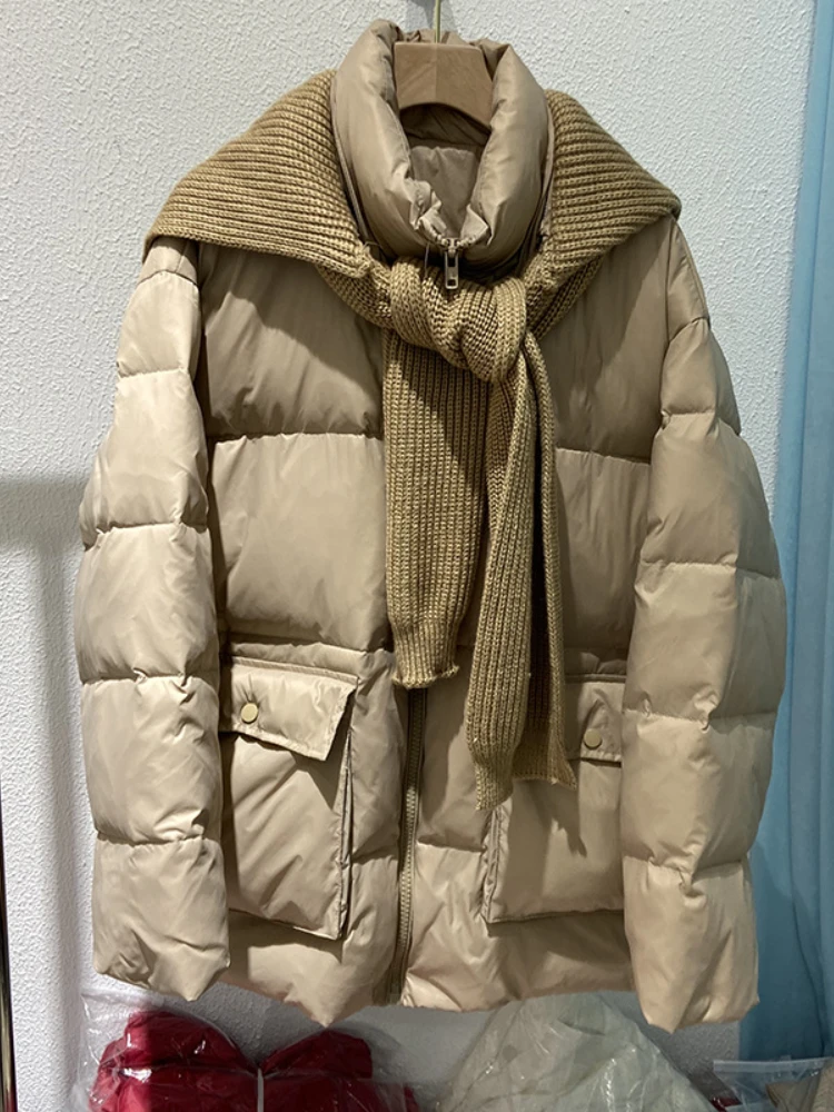 

Женское зимнее пальто на белом утином пуху LY VAREY LIN, Повседневная Свободная Толстая теплая куртка на молнии и вязаный шарф-шаль, 90%