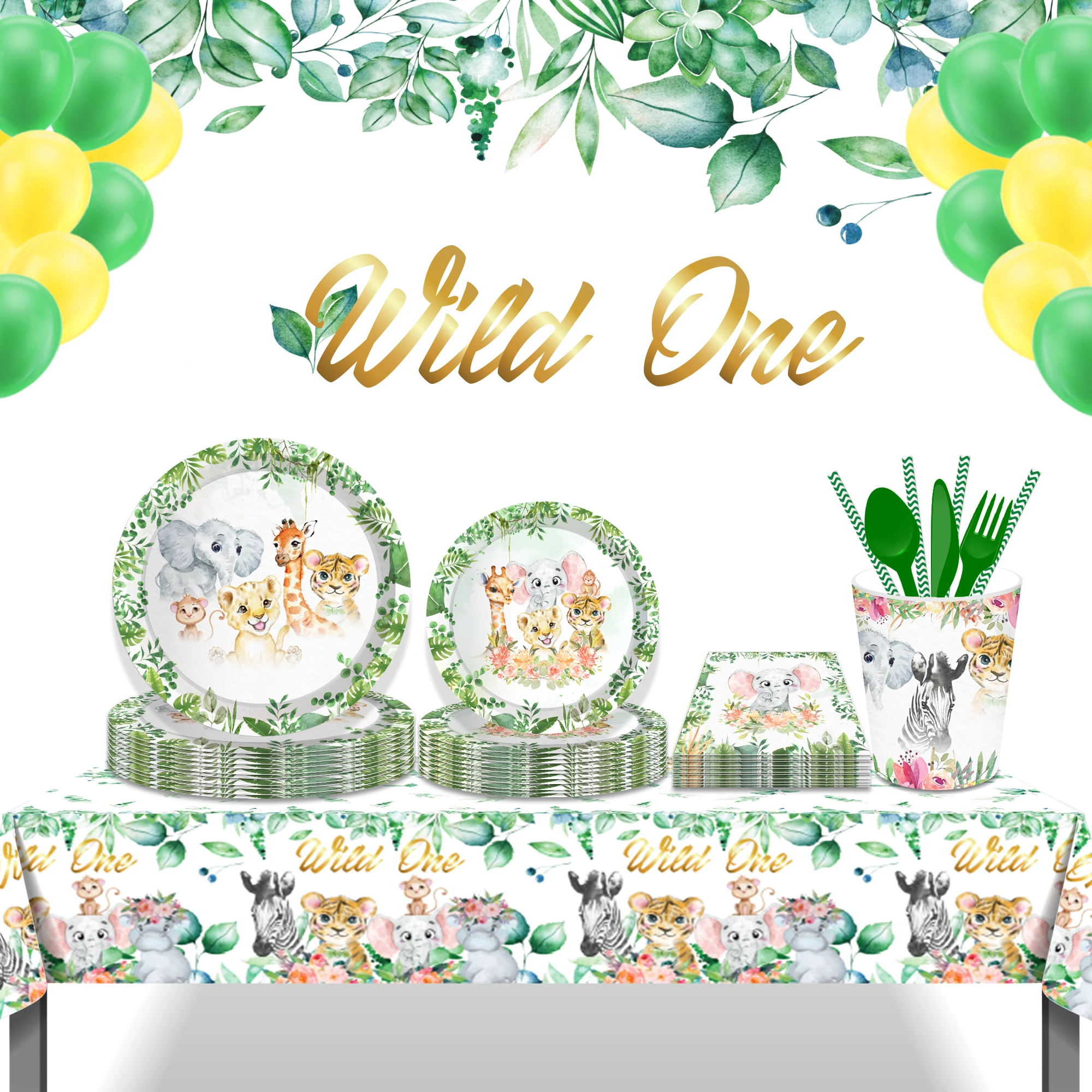 

Jungle Animals Theme Party Disposable Tableware Wild One Kids 1st Birthday Baby Shower Safari Parti Decoration Plate Cup Napkins