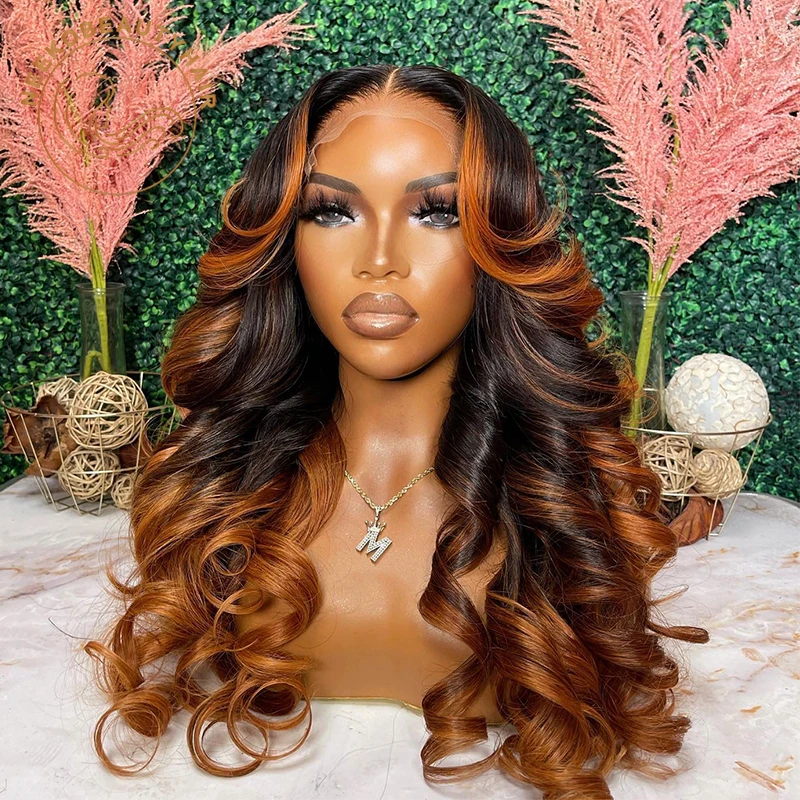 Ombre Ginger Brown Colored 13x6 Transparent Lace Frontal Wig Pre-Plucked Highlight Front Human Hair Wigs For Women