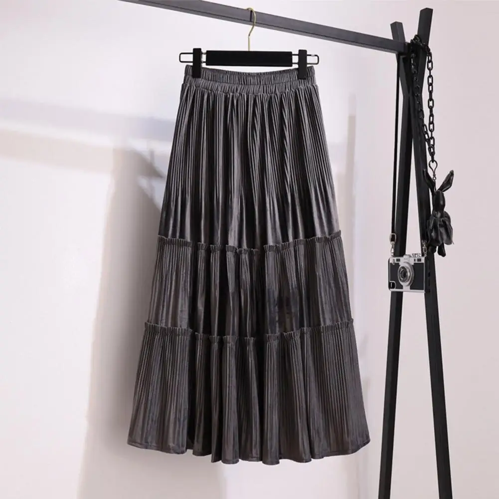 

Stylish Women Skirt A Line Windproof Retro Pleated Stitching Velvet Skater Skirt Ankle-Length Maxi Skirt Streetwear