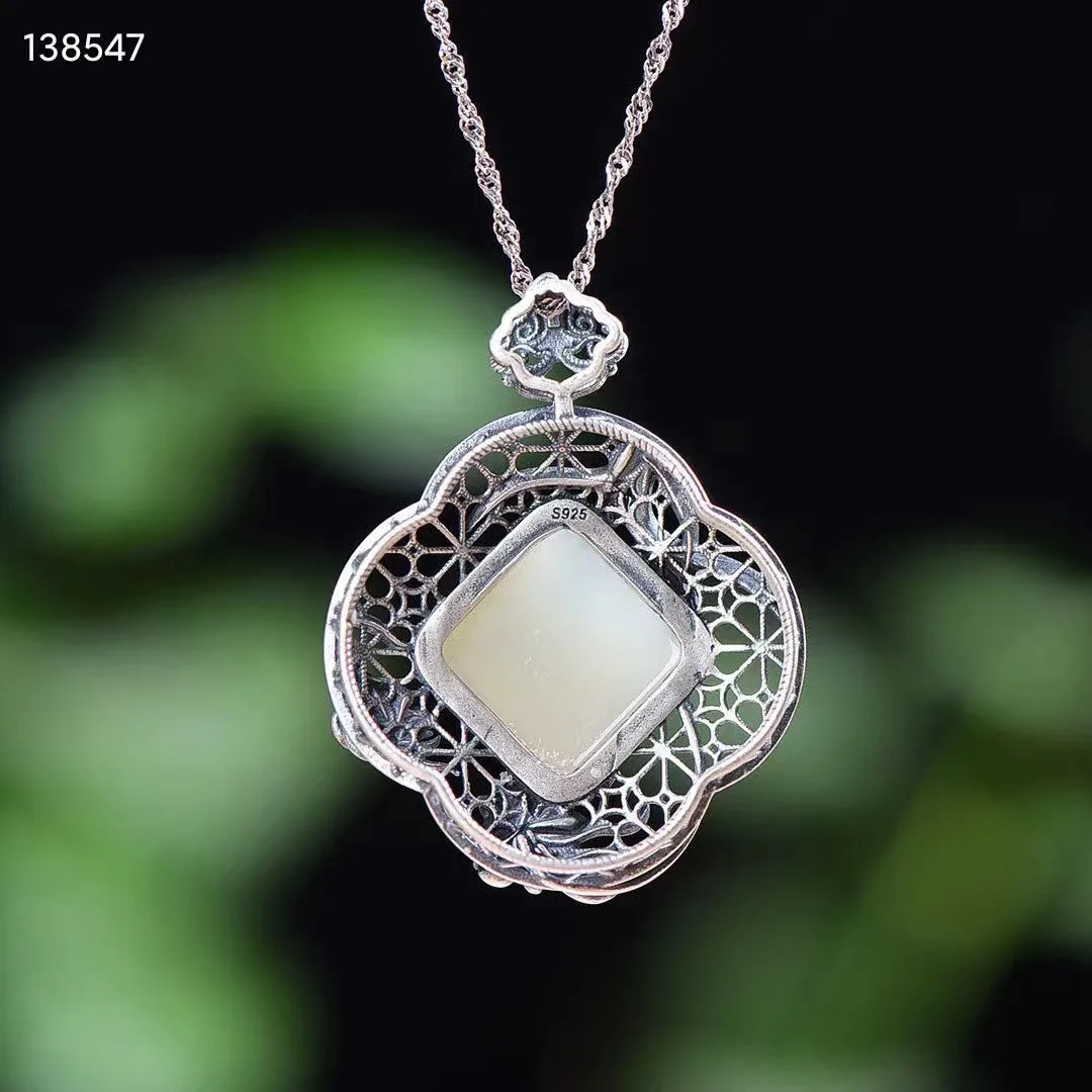 Женское ожерелье из серебра 100% пробы с мозаикой белого нефрита