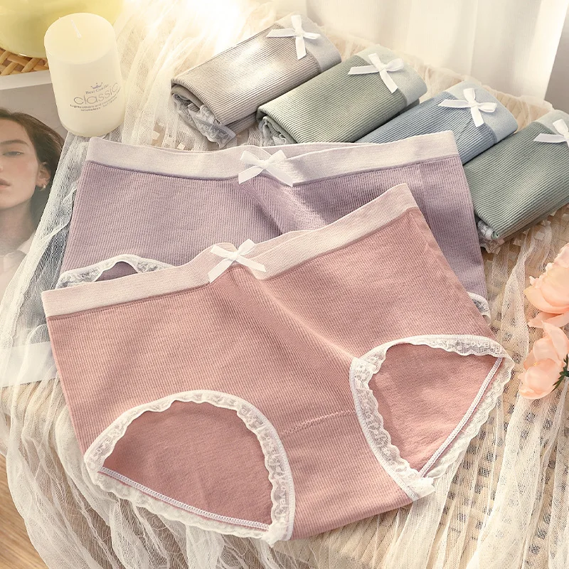 

Seamless New Women Underwear Traceless Mid Waist New Lace Edge Solid Cotton Crotch Triangle Pants