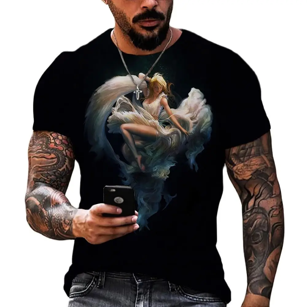 

Mens Vintage T- Shirts 3D Angel Print Sweatshirt Casual Loose Short Sleeve Tops Oversized For Men Clothing Camiseta