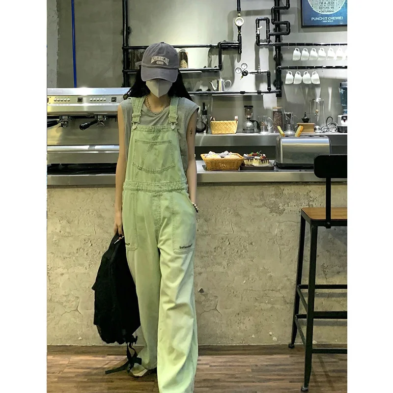 

Hot jeans,2023 Womens Vintage Green Suspender Jeans Fashion Pocket Straight Wide Leg Pants Casual Baggy Mopping Denim Trouser La