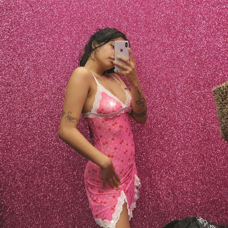 

Women lace up cherry dot print sexy dress slip slit cute girl pink vestidos sleeveless v-neck bodycon femme short mini