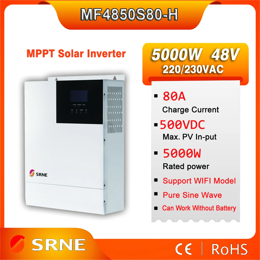 

SRNE 5KW 48V 220V Hybrid Solar Inverter Pure Sine Wave MPPT 80A Solar Charge Controller 50Hz/60Hz Off Grid Inverter With Wifi