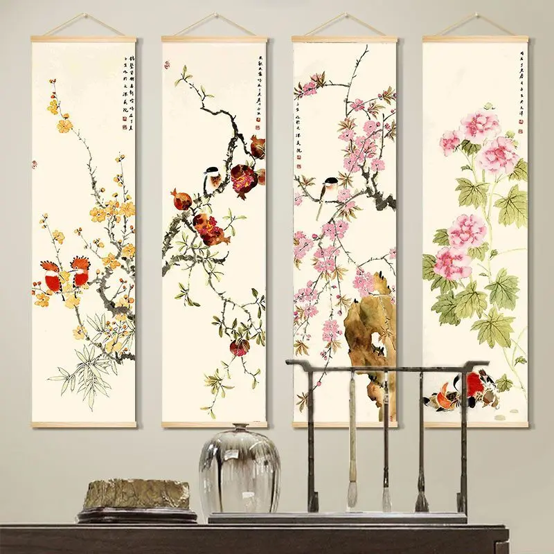 

Картины в китайском стиле с прокруткой, винтажный цветочный декор для гостиной, спальни, офиса, искусственный гобелен, настенное украшение, картина
